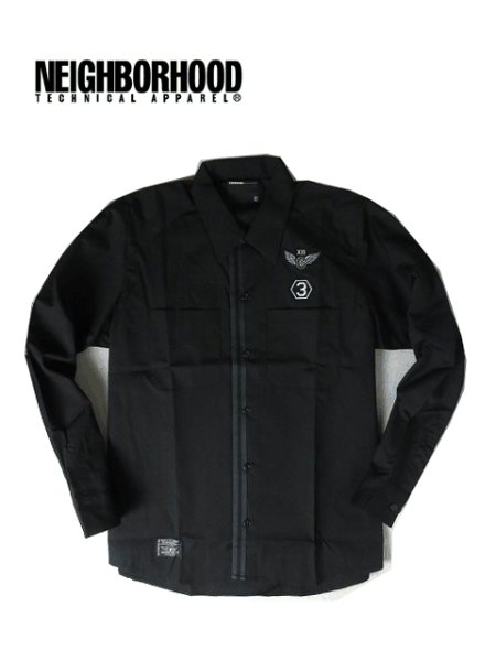 新品 NEIGHBORHOOD ネイバーフッド CUTMAN ワークシャツ 長袖シャツ ワッペン ポリエステル×コットン ブラック 黒 S