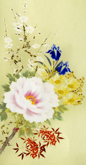  new goods hanging scroll four season flower .. axis celebration of a birth tea ceremony high class . boxed 