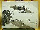 A_画人不詳落款/肉筆墨彩画サ44*32遠景に山蓑傘釣り人に雪