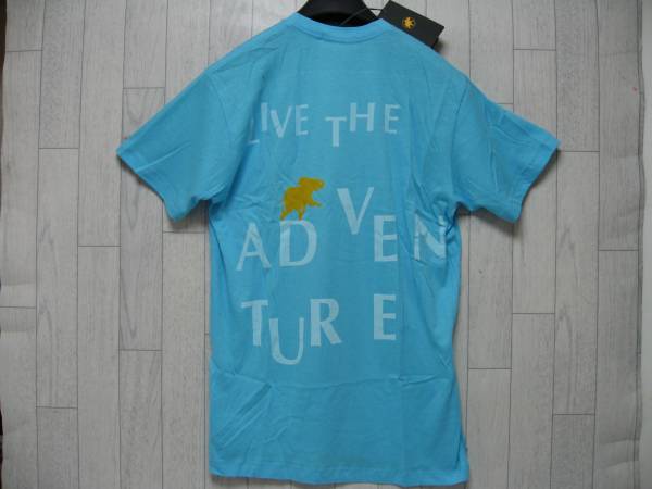 完売!入手困難!限定生産モデル!USAアメリカ製!背中に大きな象ロゴマーク&LIVE THE ADVENTURE!半袖Tシャツ水色LハンティングワールドHUNTING