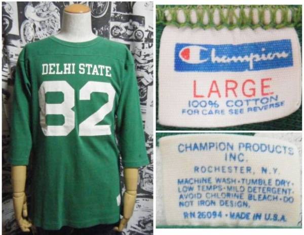 ☆人気のフットボールタイプ☆Made in USA制アメリカ制ChampionチャンピオンビンテージナンバリングプリントTシャツ70s70年代バータグ緑白L