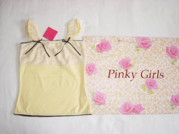 * new goods Pinky Girls * race sleeve black ribbon * cut and sewn yellow color 