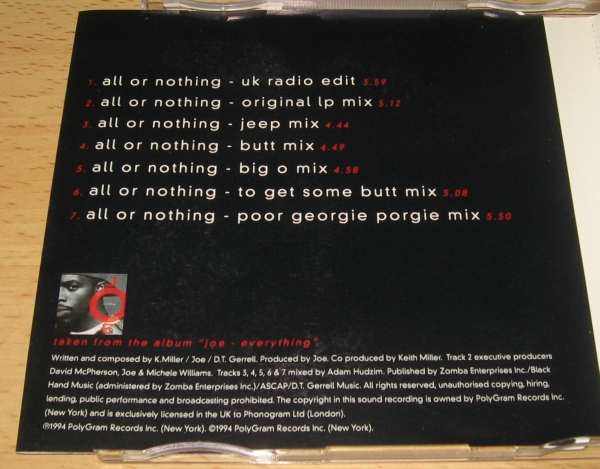 *CDS*Joe/All Or Nothing (Poor Georgie Porgie Mix)*Butt Mix*To Get Some Butt Mix*Big O Mix* Joe *CD SINGLE* single *