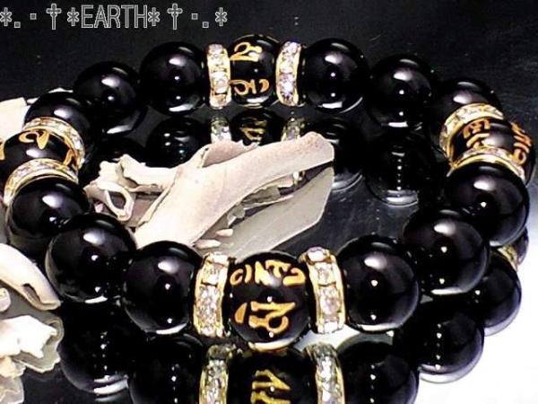 天然石12ミリ金彫梵字六字真言オニキス金ロンデル　数珠 送料無料　匿名発送_画像1