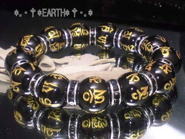 金彫六字真言黒瑪瑙オニキス＆黒ロンデル 数珠 14ミリ天然石 S~Lサイズ　送料無料　匿名発送