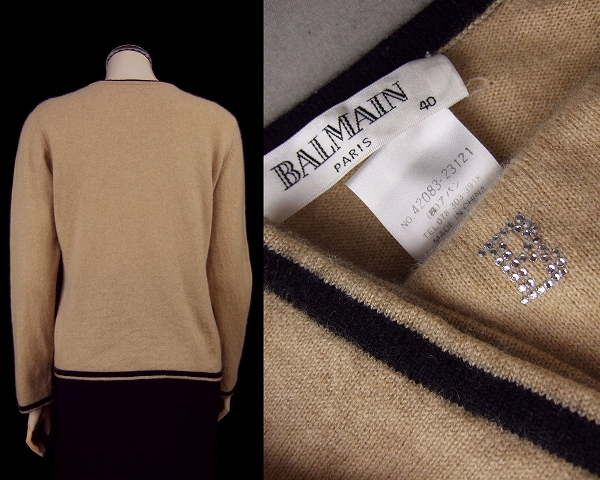 美品★バルマン*BALMAIN*煌ロゴスパン*ベージュ系*至福のカシミヤ100*高級長袖ニット*40(Lサイズ.11號)