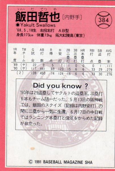 BBM'91 384. рисовое поле ..| Tokyo Yakult Swallows 