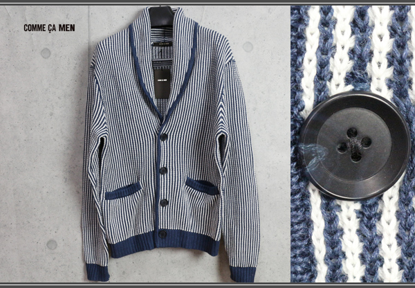  новый товар Comme Ca men весна лето tuck полоса linen хлопок вязаный шаль кардиган M/ незначительный темно-синий белый / обычная цена 2.8 десять тысяч иен /COMME CA MEN/ лен / хлопок / образец 