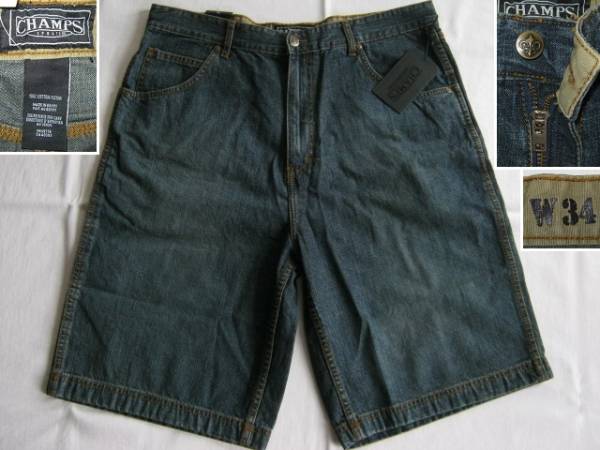 ★新品 ハワイで購入 CHAMPS DENIM SHORT チャンプス デニムショートパンツ W34 USサイズ ウォッシュ加工 太めのシルエット ハーフパンツ★