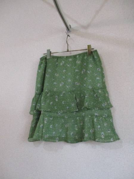 VertDense緑プリントシフォン膝丈スカート（USED）62216_画像3