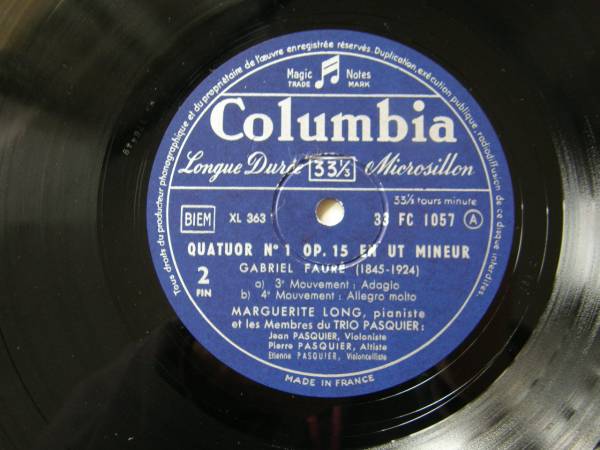 (仏)Columbia / (P)ロン / パスキエトリオ / フォーレ・P四重奏曲 第１番 10吋 オリジナル盤_画像3