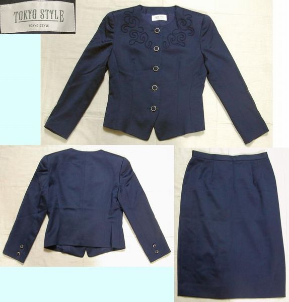 ■美品:TOKYO STYLEシンプルデザイン紺色スーツ 毛100%M位　　　 DmI70