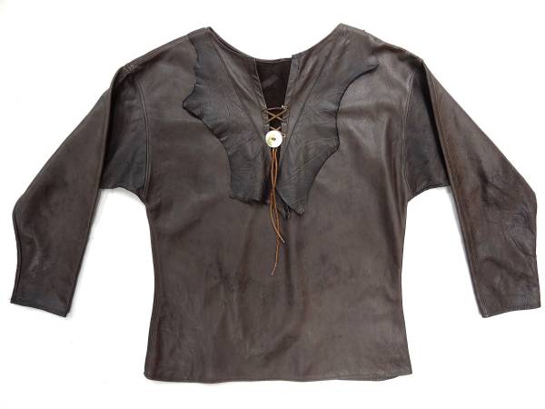 ビンテージ 希少 ハンドメイド カスタム 70S レザー プルオーバー ジャケット トップス こげ茶 1點(diǎn)物 レア 珍 革 シェル 貝 ボタン