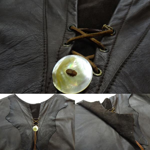 ビンテージ 希少 ハンドメイド カスタム 70S レザー プルオーバー ジャケット トップス こげ茶 1點(diǎn)物 レア 珍 革 シェル 貝 ボタン