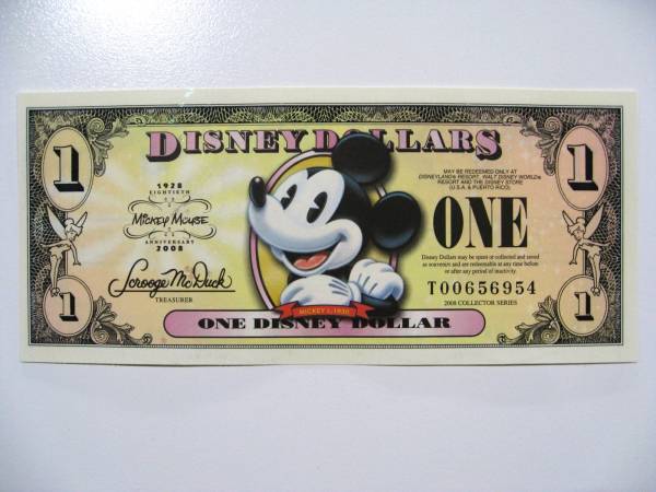  Disney dala-1 доллар .(2008 год версия ) $1 банкноты Mickey Mouse Disney Dollars