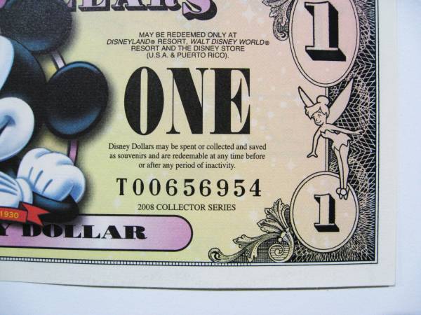  Disney dala-1 доллар .(2008 год версия ) $1 банкноты Mickey Mouse Disney Dollars