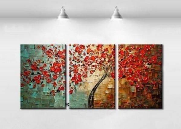 【オープニングセール】 【受注制作】アートパネル　『赤い花の咲く木』 40x60cm x ３枚組　肉筆 静物画