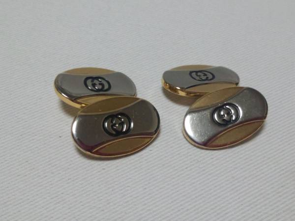  regular Gucci GUCCI oval GG Logo combination chain cuffs silver × Gold cuff links round button Vintage Inter locking 