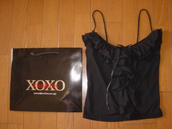 ◆美品XOXO◆キスキス シフォン Wフリル リボン キャミソール黒_画像1