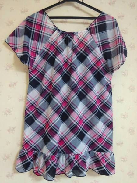 * beautiful goods KLEIN PLUS clamp ryus check pattern short sleeves blouse tunic pink ito gold 40*