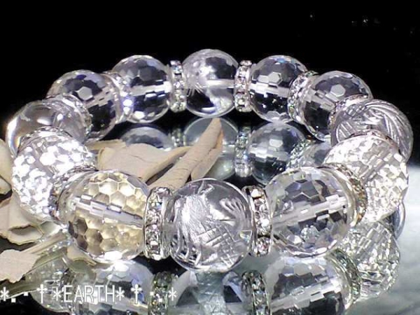 銀彫四神獣水晶&128面カット水晶　数珠 16ミリ天然石 S~Lサイズ　送料無料　匿名発送