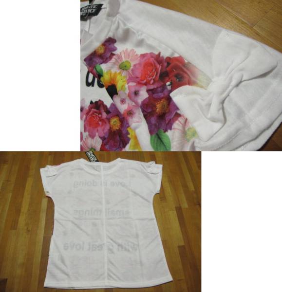 *送料無料*新品*160*白×花柄プリント*肩リボン*半袖Tシャツ*NICHEE*