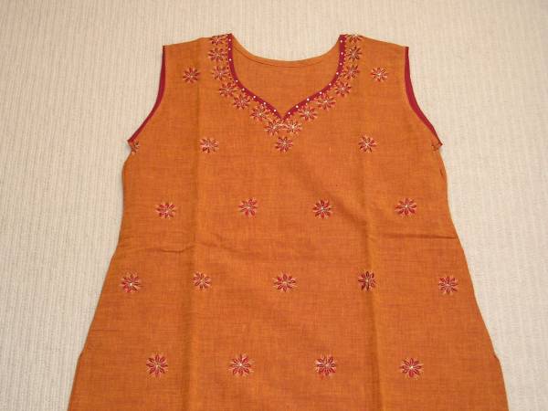 インド製・コットン・刺繍柄のパンジャビスーツ・シックオレンジ_画像1