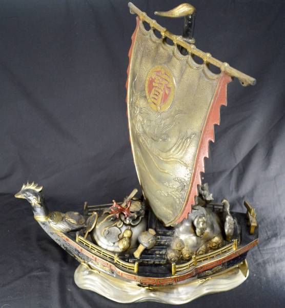 【中古】銅製 大型 宝船 寶舟 七福神 置物 オブジェ 約13.5kg