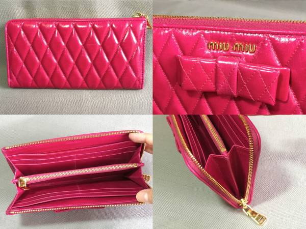 新品 ミュウミュウ リボン L字 ファスナー 長財布 マテラッセ ピンク