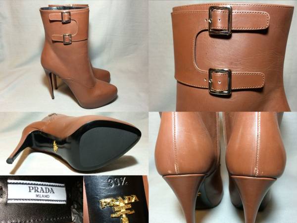新品 プラダ 最高級 レザー ベルト ブーツ 39.5 茶 PRADA 本革靴 靴 シューズ ブラウン_画像3