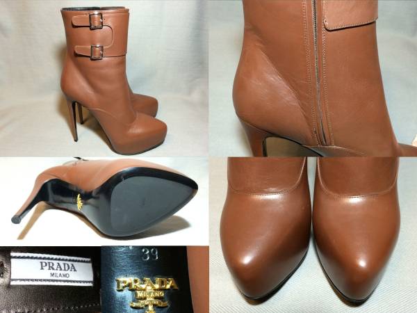 新品 プラダ 最高級 レザー ベルト ブーツ 39 茶 PRADA 本革靴 靴 シューズ ブラウン b_画像3