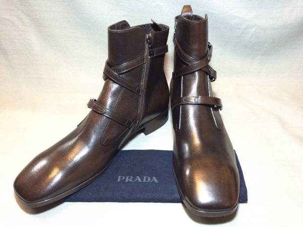 新品 プラダ コレクション ベルト レザー ブーツ 10 シューズ 革靴 茶 PRADA
