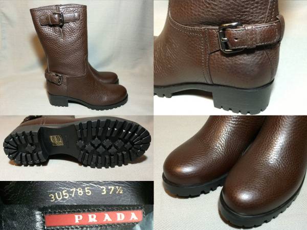 新品 プラダ 最高級 レザー エンジニア ブーツ 37.5 茶 PRADA 本革靴 靴 シューズ ブラウン_画像3