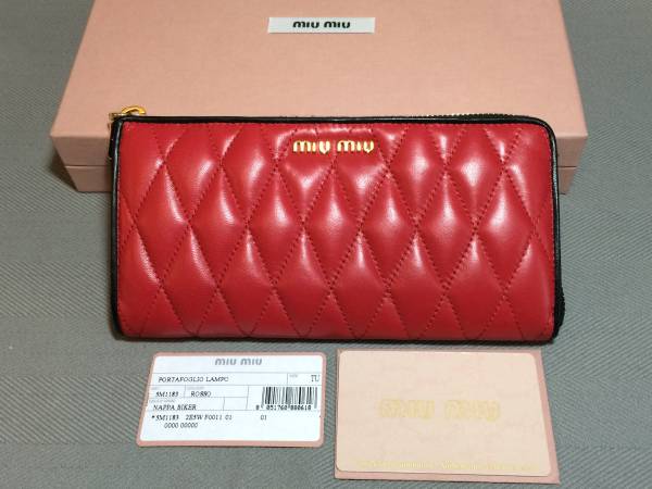 新品 ミュウミュウ レザー L字 ファスナー 長(zhǎng)財(cái)布 赤 miumiu レッド