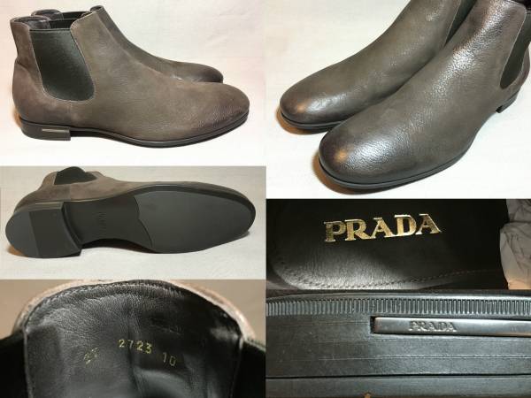 新品 プラダ サイドゴア レザー ブーツ 10 茶 PRADA ヤギ革 本革 靴 シューズ