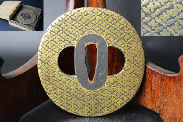  общий золотой .. 7 сокровищ .. документ металлический земля большой гарда меча Edo период . коробка золотой . доспехи меч принадлежности 