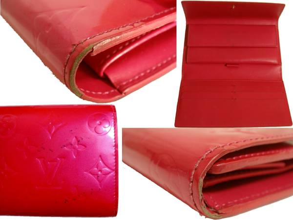 ルイ・ヴィトン 三つ折り長財布 フューシャピンク M91246 ヴェルニ LOUIS VUITTON カード用ポケット付き財布 レア廃盤色_角擦れと色移りがあります。