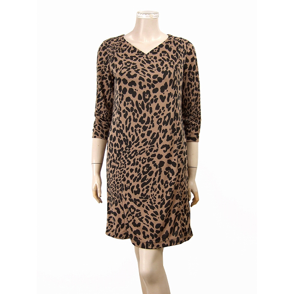 美品★ソニアリキエル*SONIA RYKIEL*ヒョウ柄*潤ストレッチ&とろみ*Ｖネック色香ワンピース*40(Lサイズ.11號)