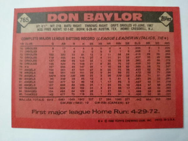 ★DON BAYLOR TOPPS MLB 1986 #765 NEW YORK YANKEES ドン ベイラー ニューヨーク ヤンキース 死球王_画像2