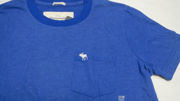 アバクロ　メンズ　Tシャツ　胸ポケット付き　S　ブルー　青　半袖　丸首　ワンポイント　トップス　ファッション　新品