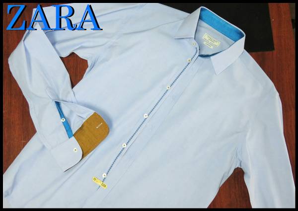 最終値下げ 正規 ZARA 切り替えカラーシャツ 花柄刺繍 フラワー M ザラ メンズ スリムフィット 水色 金_画像1