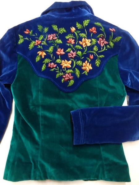 ビンテージ マンゴロード イーストウエスト レア 70S ベロア ハンドメイド 刺繍 ペイント ジャケット 緑 青 2トーン カスタム グラニー 色