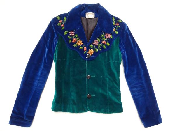 ビンテージ マンゴロード イーストウエスト レア 70S ベロア ハンドメイド 刺繍 ペイント ジャケット 緑 青 2トーン カスタム グラニー 色