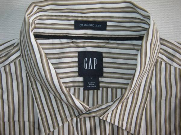 ★古着 美品 GAP ギャップ CLASSIC FIT クラシックフィット ストライプ柄 長袖シャツ L ブラウン(茶系)×白 綿100% インド製 縦縞 メンズ★_画像3