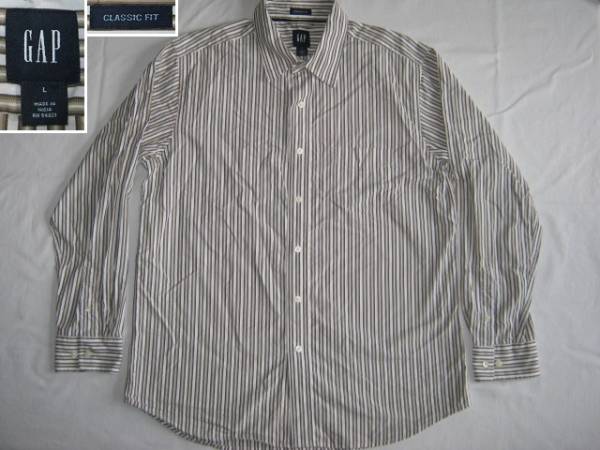 ★古着 美品 GAP ギャップ CLASSIC FIT クラシックフィット ストライプ柄 長袖シャツ L ブラウン(茶系)×白 綿100% インド製 縦縞 メンズ★_画像1