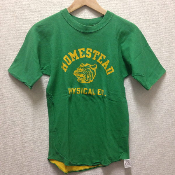 70-80's ラッセル リバーシブルTシャツ ヴィンテージ Russell 緑黄 XS ビンテージダブルフェイス　無地　カレッジ_画像1