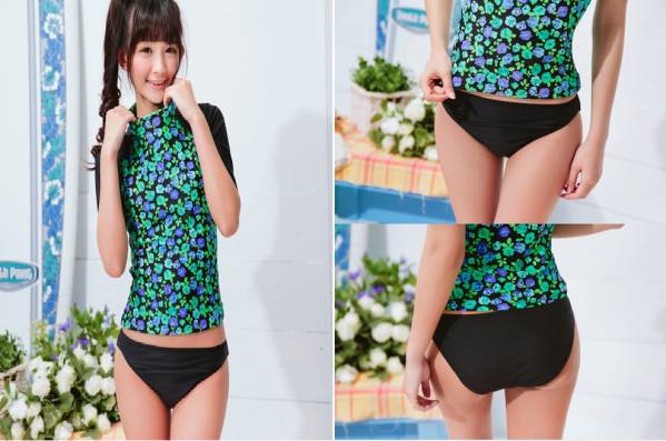 激安 セール 人気 かわいい フィットネス スイミング 水著 水泳 セパレート 花柄 3點(diǎn)セット ヨガ ジム M グリーン スイム プール ウェア
