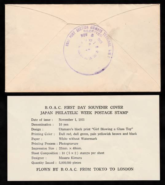 英国海外航空　切手趣味週間1955年記念カバー　英国宛　説明紙付_画像2