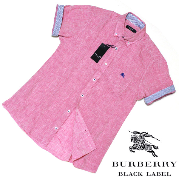 新品 バーバリーブラックレーベル 麻 リネン ストライプ 半袖シャツ 2（M）ピンク■BURBERRY BLACK LABEL