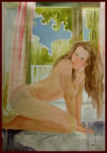 安いそれに目立つ ☆☆油彩画　透き通る女体　「明るい窓辺の裸婦」 　　Rα 人物画